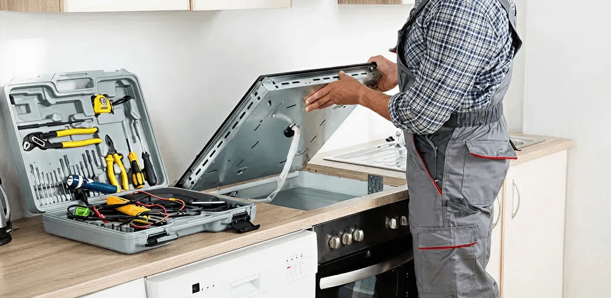 Handyman repairing a cooktop and checking wiring connections in Bakersfield, CA