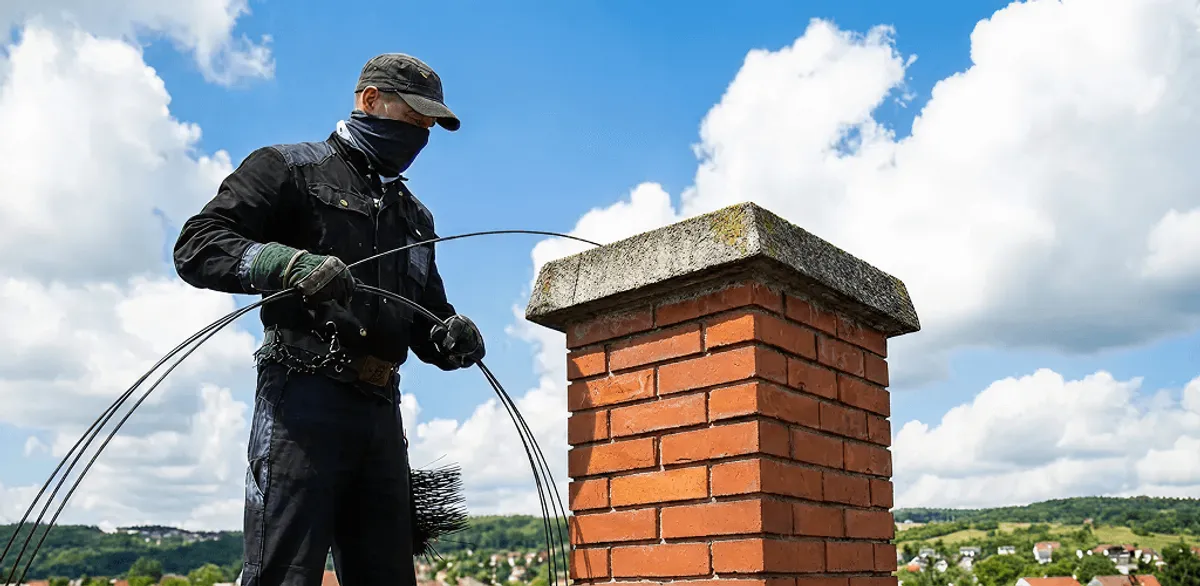 Chimney sweep cleaning a brick chimney with professional tools in Bakersfield, CA