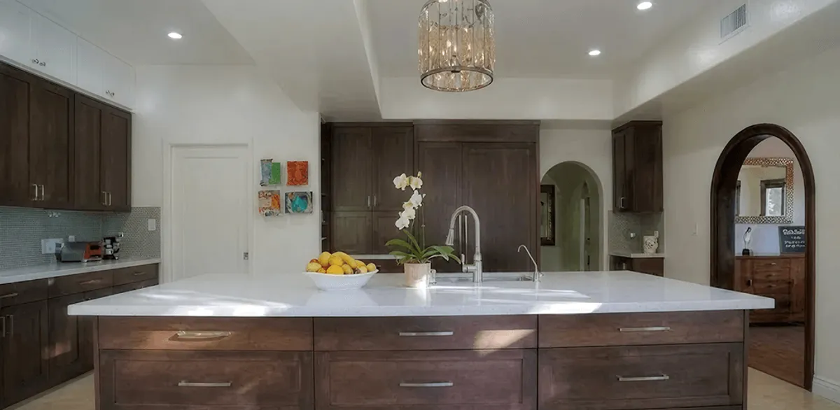Cabinet refacing project with updated kitchen cabinets and island in Bakersfield, CA
